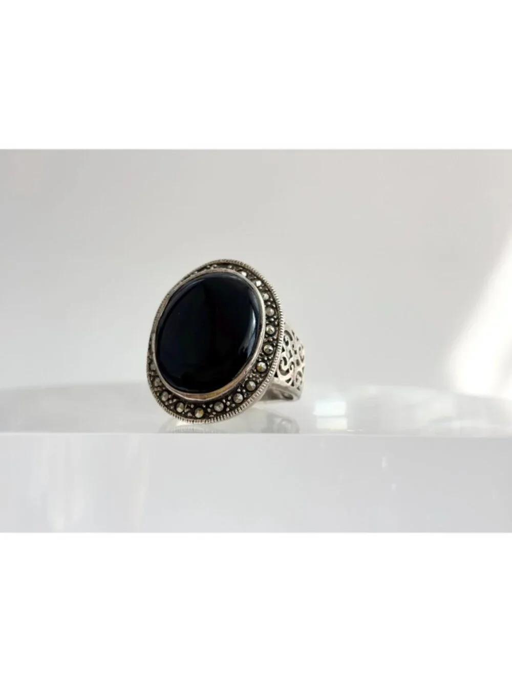 Black Onyx & Marcasite Art Deco Cutout Sterling Silver 925 Vintage Ring - sz 8
